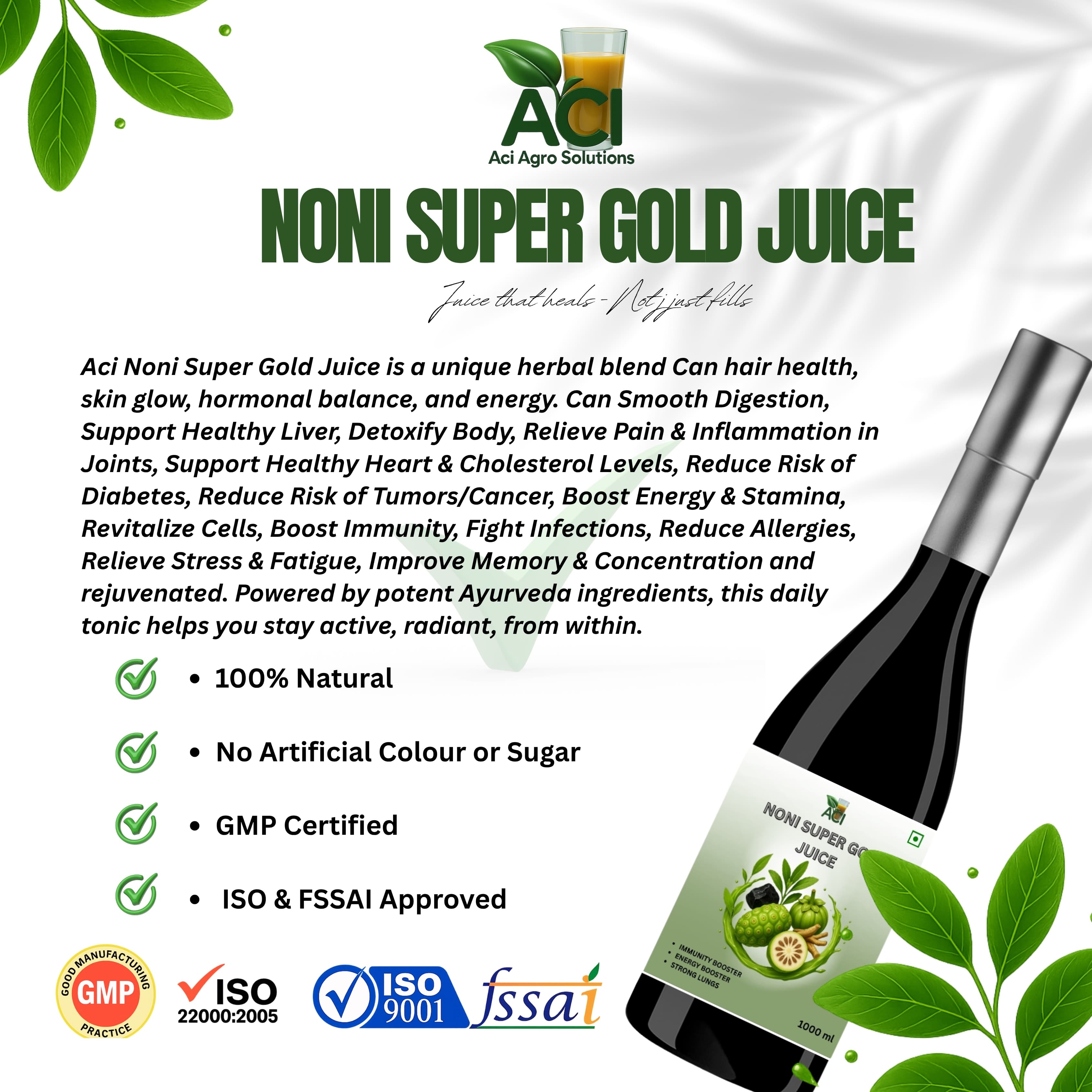 Noni Super Gold Juice - Premium Ayurvedic Blend for Blood Sugar & Metabolic Health (1000ml, Combo Offer) Aci Agro Solution thumbnail 5