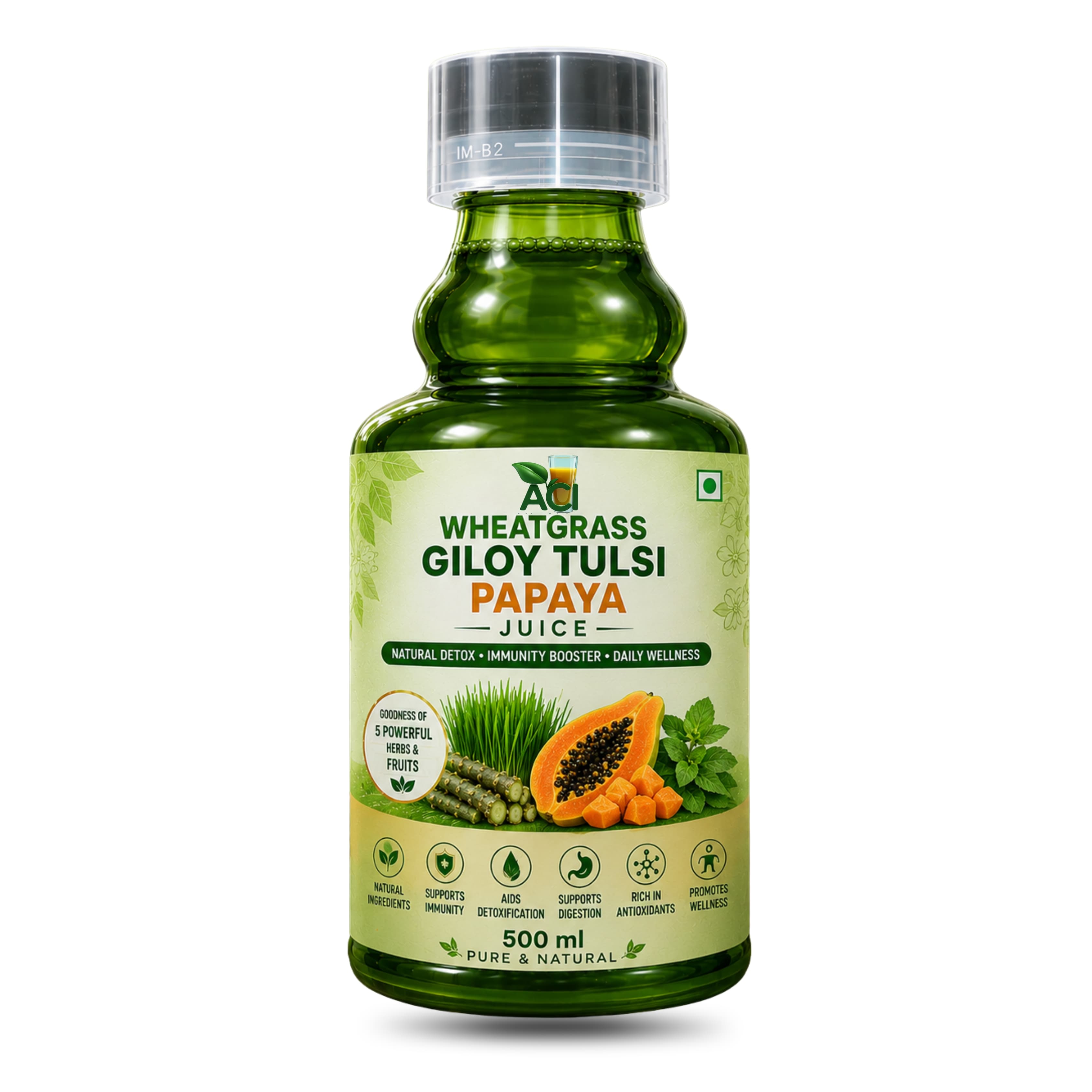 Wheatgrass Giloy Tulsi Papaya Juice - 4-in-1 Detox & Immunity Blend (500ml 1L) Aci Agro Solution - Ayurvedic Herbal Medicine