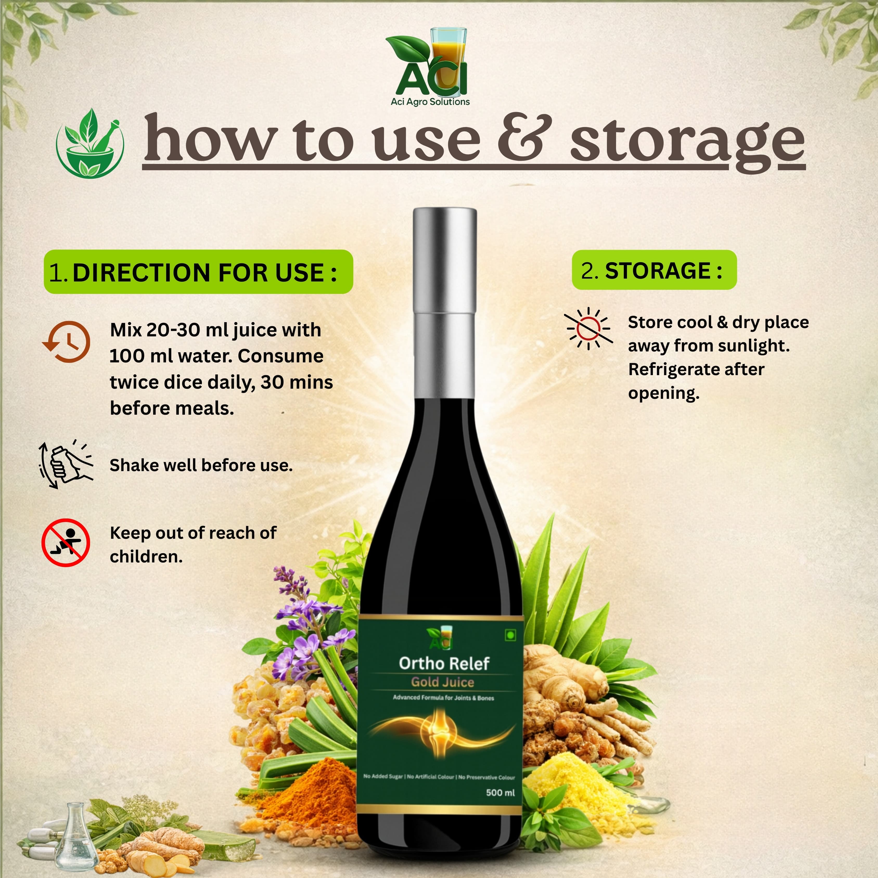 Ortho Relief Gold Juice - Premium Herbal Joint Care & Pain Relief Formula (500ml & 1 L) Aci Agro Solution thumbnail 4