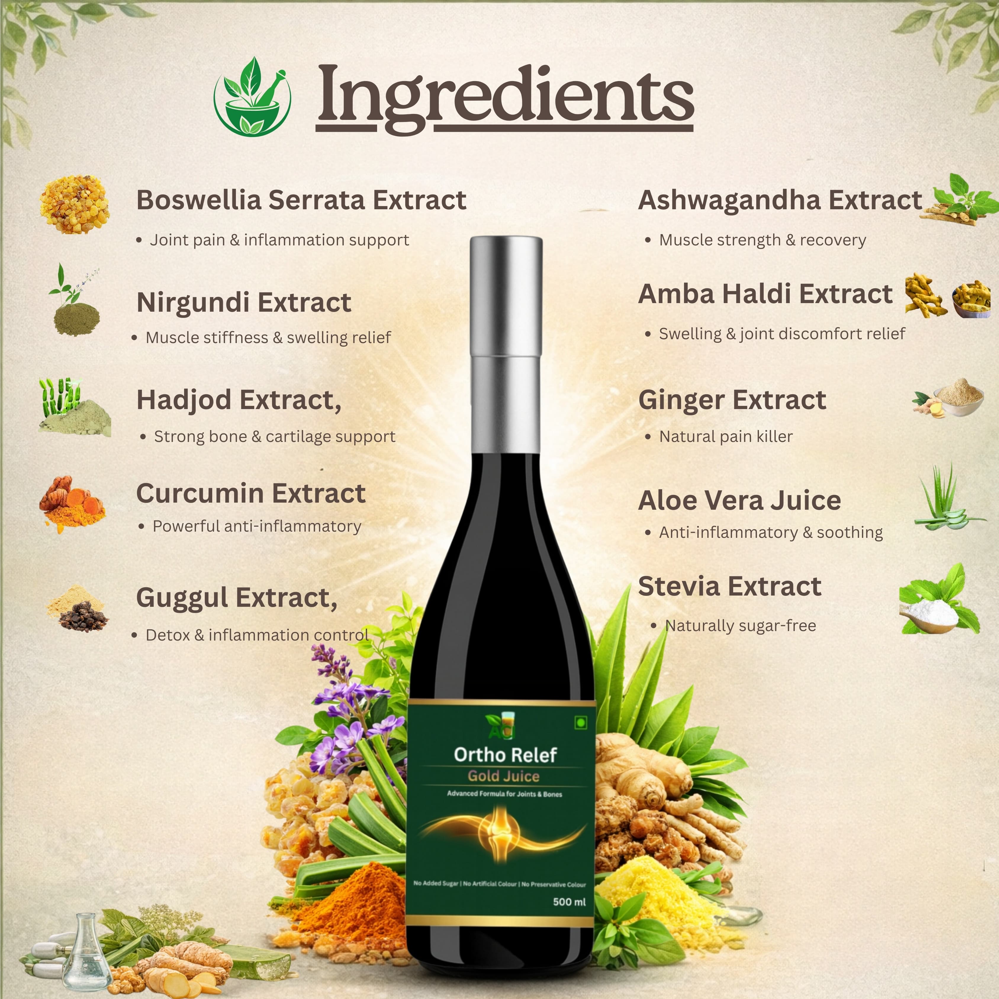 Ortho Relief Gold Juice - Premium Herbal Joint Care & Pain Relief Formula (500ml & 1 L) Aci Agro Solution thumbnail 3