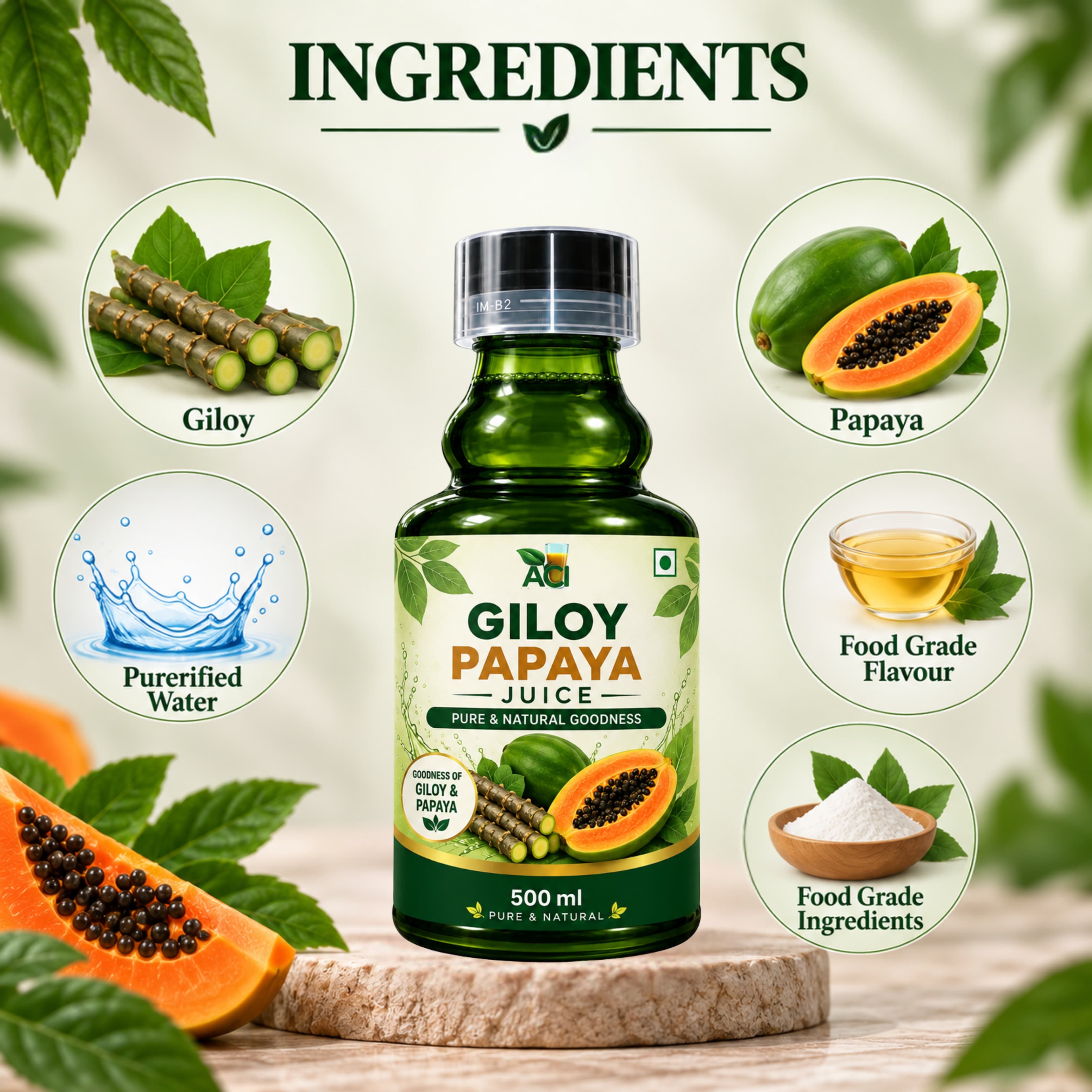 Giloy Papaya Juice - Natural Immunity Booster & Platelet Support (500 ml & 1L) Aci Agro Solution thumbnail 2