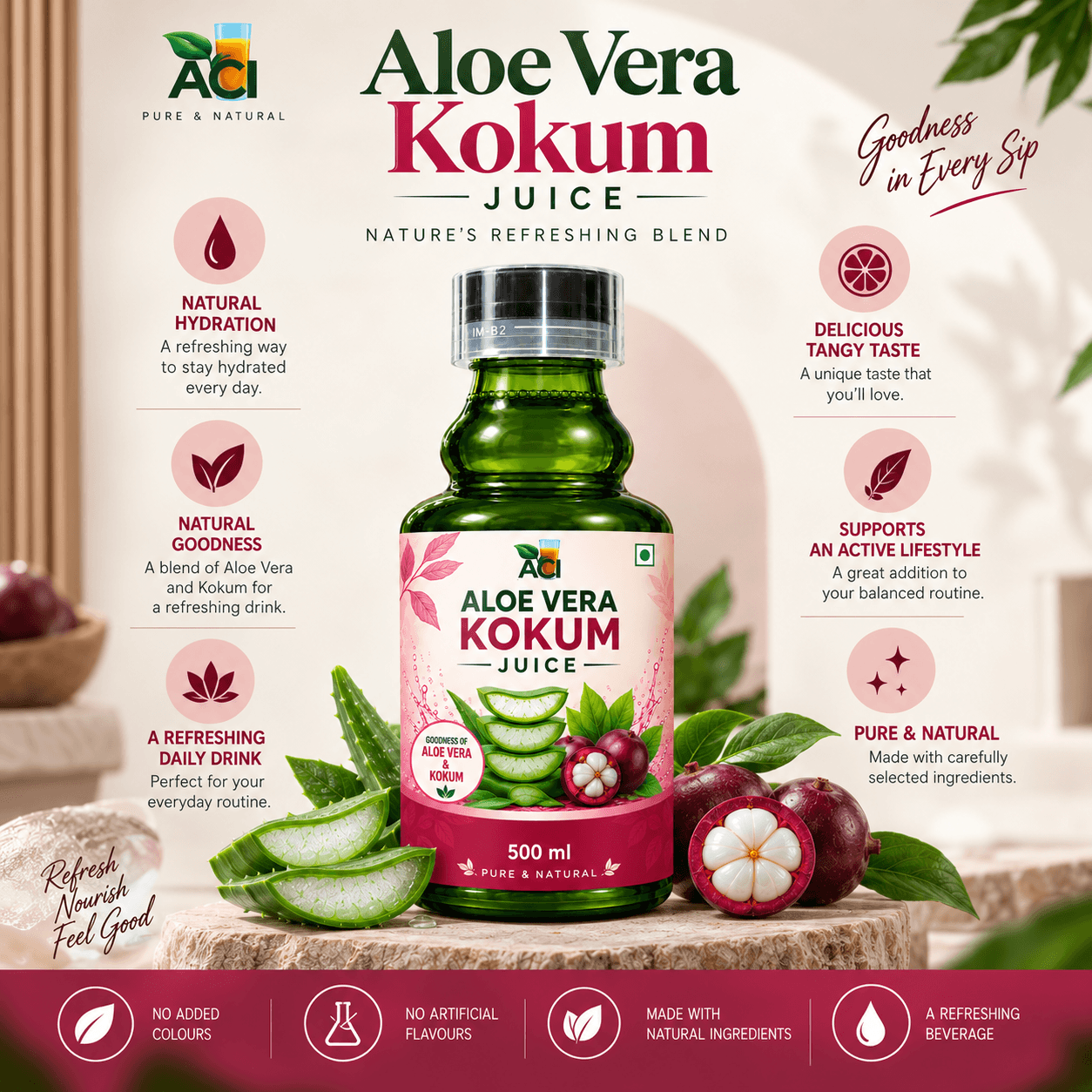 Aloe Vera Kokum Juice - Refreshing Healthy Drink for Weight & Digestion (500 ml & 1L) Aci Agro Solution thumbnail 2