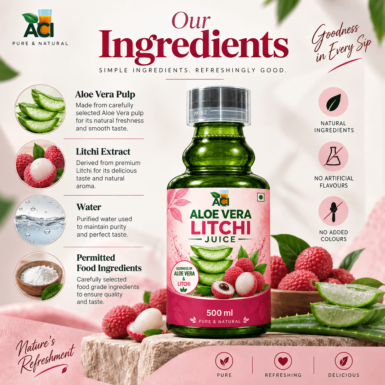 Aloe Vera Litchi Juice - Refreshing Healthy Herbal Drink (500ml 1L) Aci Agro Solution thumbnail 3