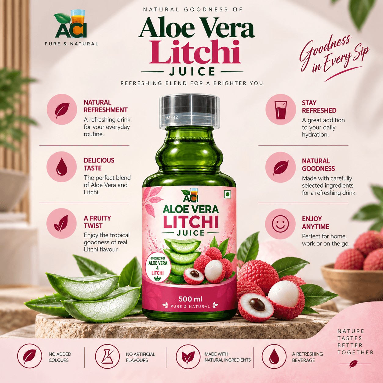 Aloe Vera Litchi Juice - Refreshing Healthy Herbal Drink (500ml 1L) Aci Agro Solution thumbnail 2