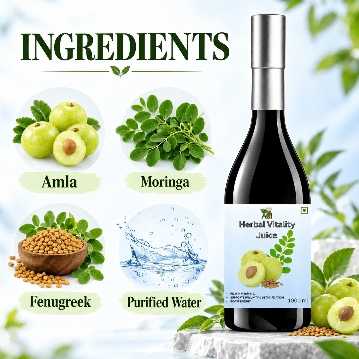 ACI Herbal Vitality Juice with Amla, Moringa & Fenugreek – 1000 ml thumbnail 2