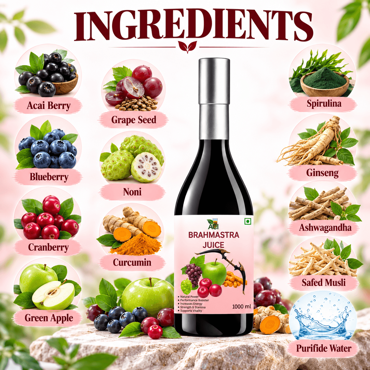 ACI Brahmastra Herbal Juice with Acai Berry, Blueberry, Cranberry & Green Apple – 1000 ml thumbnail 2